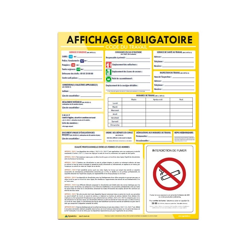 Panneau Code du Travail - Affichage Obligatoire - 44 x 60 cm