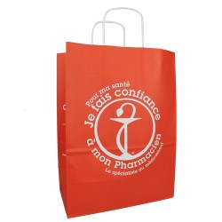 Cabas kraft rouge pharmacie, 23x31x12cm, poignées torsadées