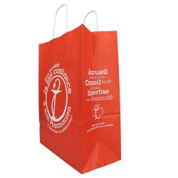 Cabas kraft rouge pharmacie, 23x31x12cm, poignées torsadées