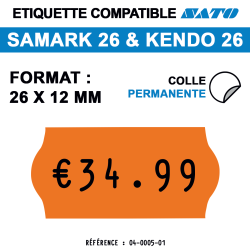 tiquettes oranges pour pince SATO SAMARK 26 et KENDO 26 - permanentes - format : 26 x 12 mm