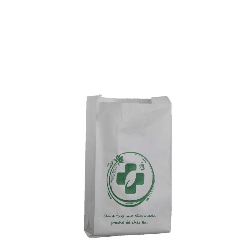 Sachets papier pharmacie T54 - 12x25+8cm - Motif imprimé vert - Par 1000