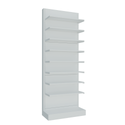 Présentoir mural blanc avec 8 tablettes métal de la gamme Alpha Métal