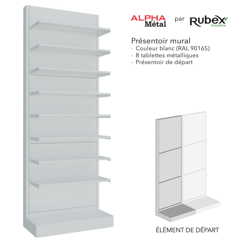 Présentoir mural blanc avec 8 tablettes métalliques de la gamme Alpha Métal, présentoir de départ.